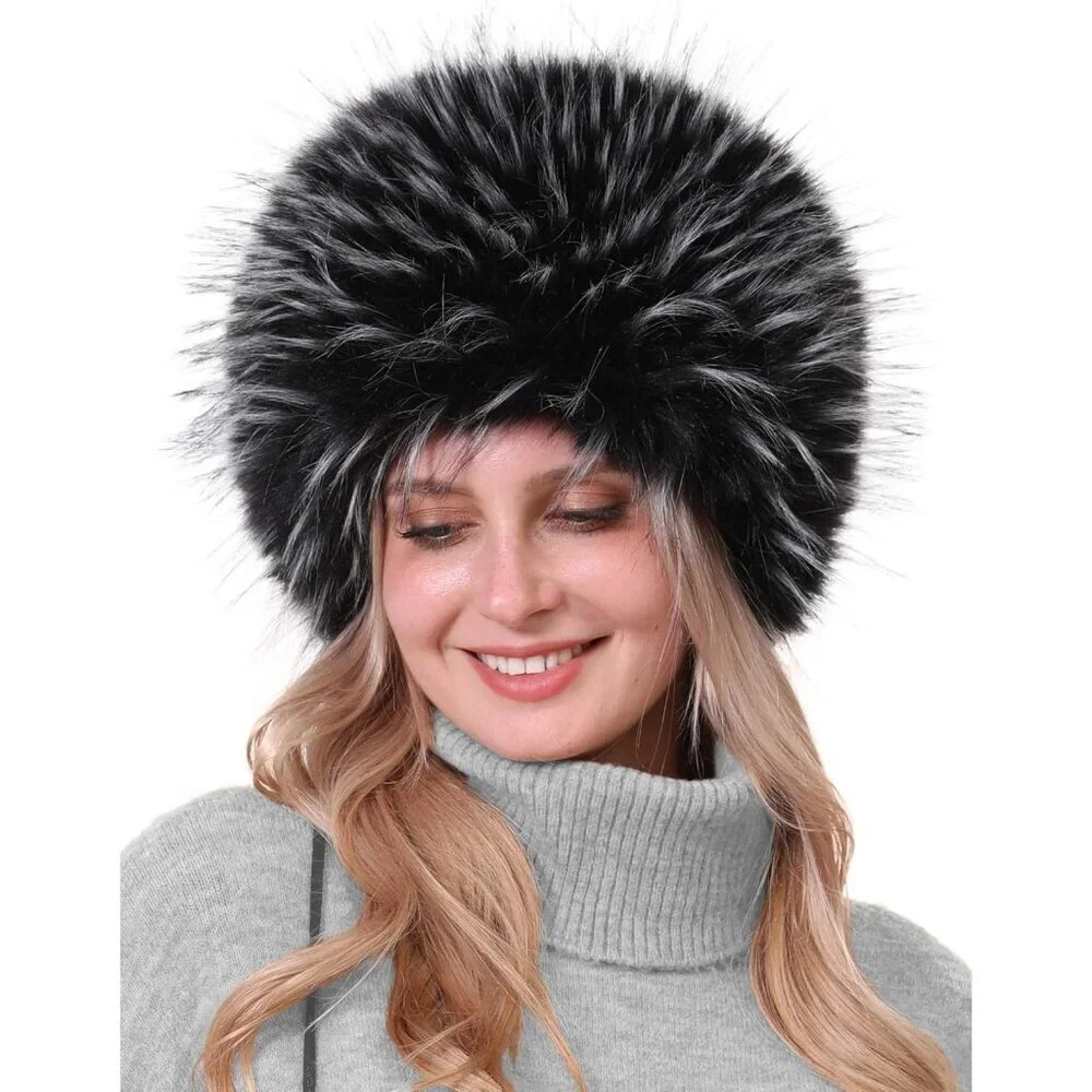 Women Black & White Warm Winter Hat Faux Fur Russian Cossack Style